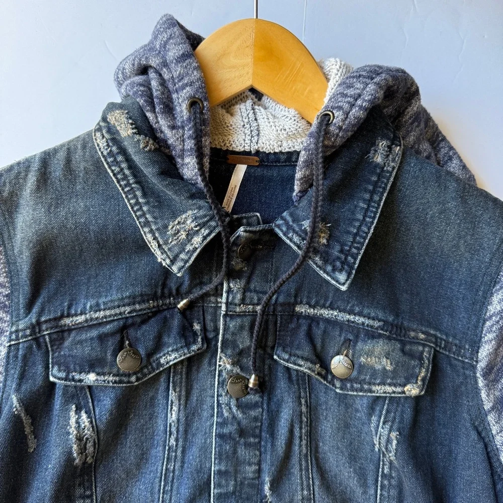 Free People Dark Denim Jean Jacket with Heathered Gray Knit Sleeves